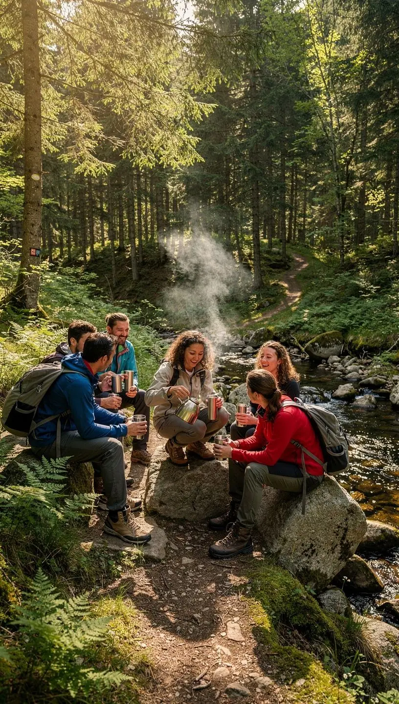 Pohľad na usmievajúcu sa osobu, ktorá si vychutnáva šálku čaju v prírode