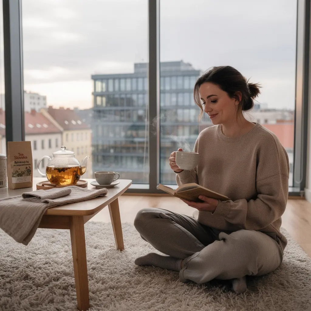 Šálka bylinkového čaju s relaxačnými vôňami a sviečkami na stole.