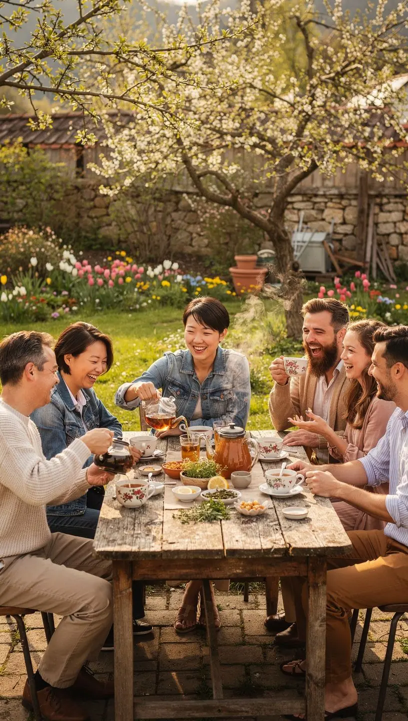 Súprava na čaj s tradičnými slovenskými ornamentami a sušienkami na tanieri.