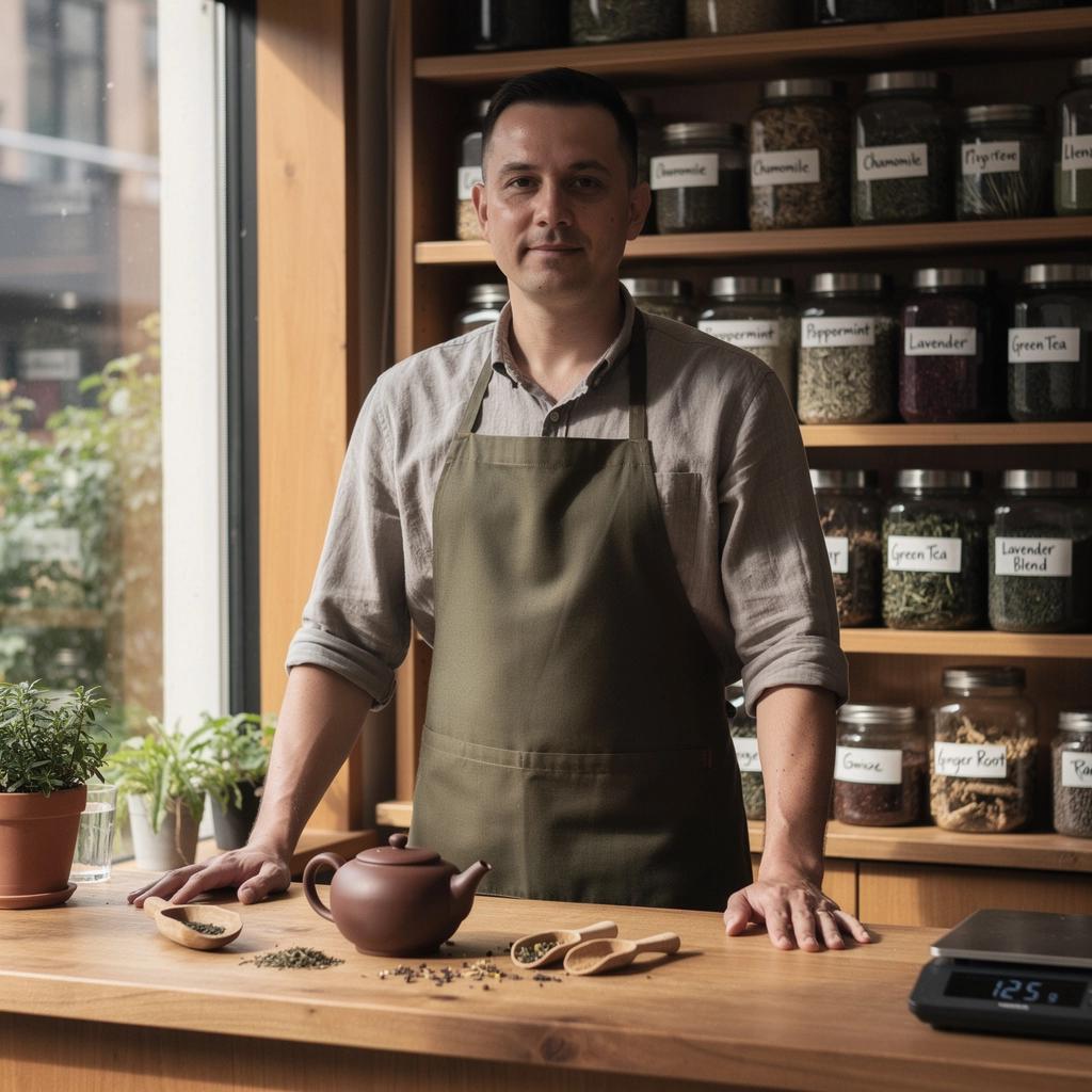 Šálka bylinkového čaju na drevenom stole s jemným svetlom.